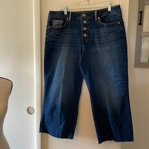 LOGO by Lori Goldstein 14 Petite Wide Leg Crop Jeans Button Front Raw Hem EUC